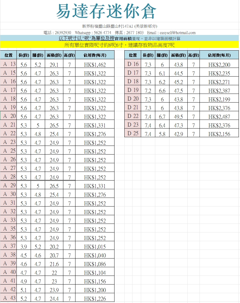 尺寸價錢| 易達存迷你倉有限公司，迷你倉，粉嶺迷你倉、粉領迷你倉，易达存迷你仓，Easy Self Storage Co.  Ltd，存仓服务，提供不同大小迷你仓，存放文件,  存放商业物品。存放各类材料，存放家居杂物及傢俬，存放食品及酒类，存放邮递物件及包裹，存放私人单车、mini ...